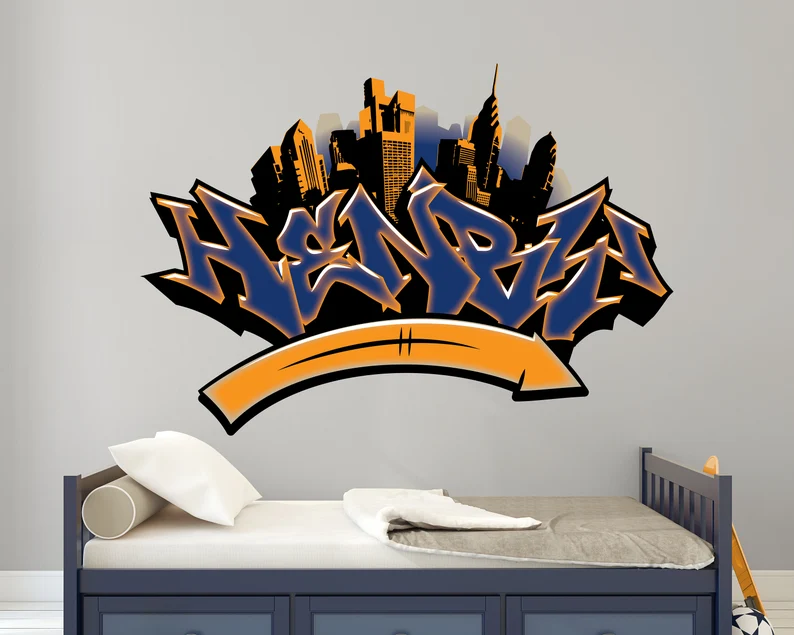 Personalized Name Graffiti Urban City And Arrow Wall Art -Teen Room Decal